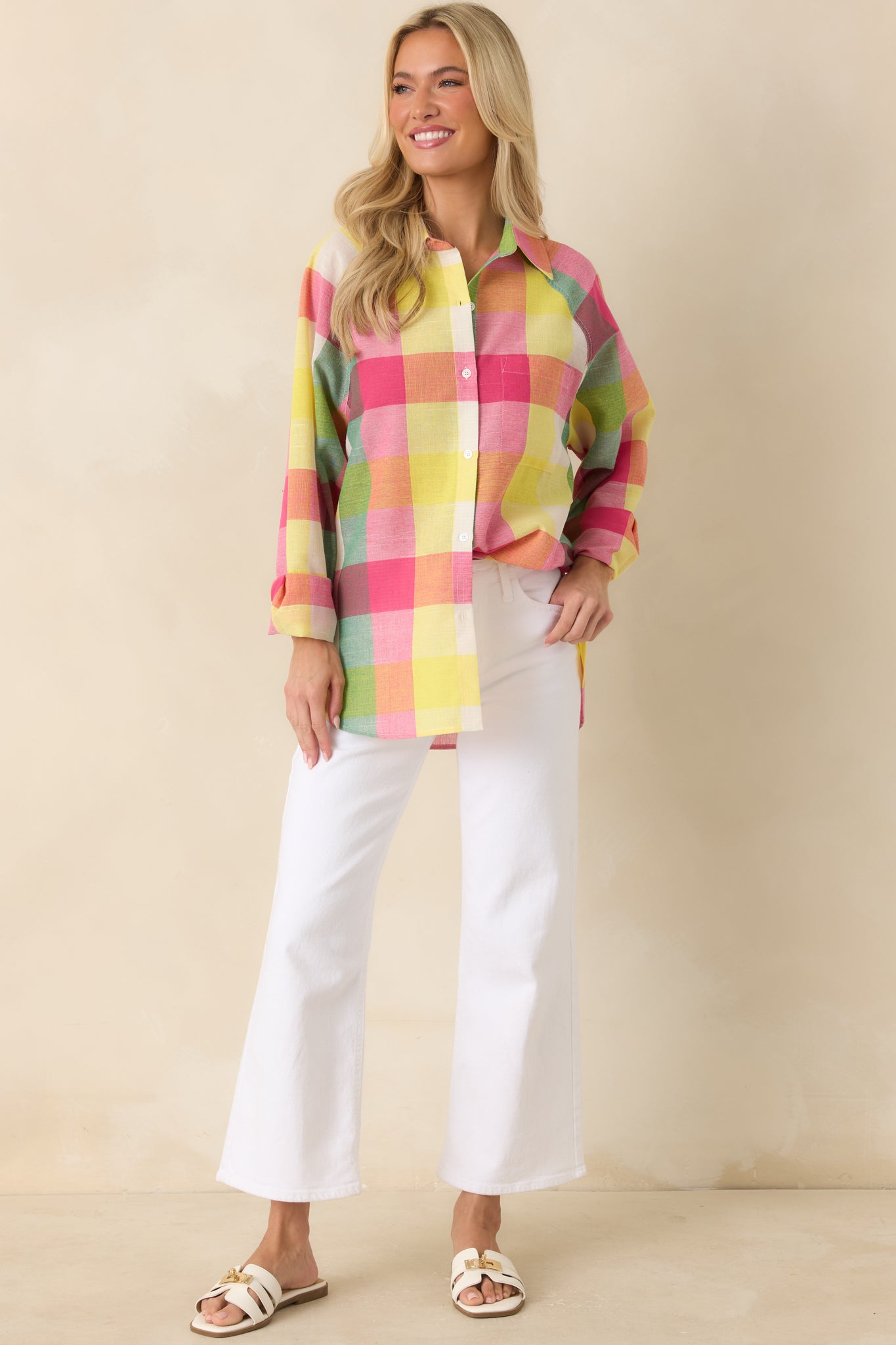 Prosperina Paula Pink Multi Plaid Cotton Button Up Shirt