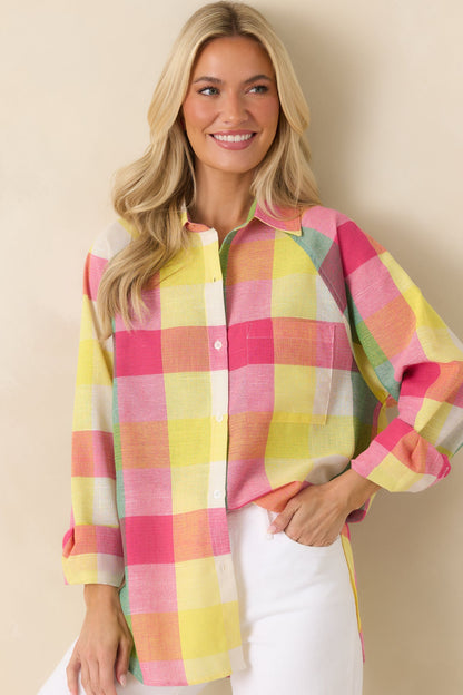 Prosperina Paula Pink Multi Plaid Cotton Button Up Shirt