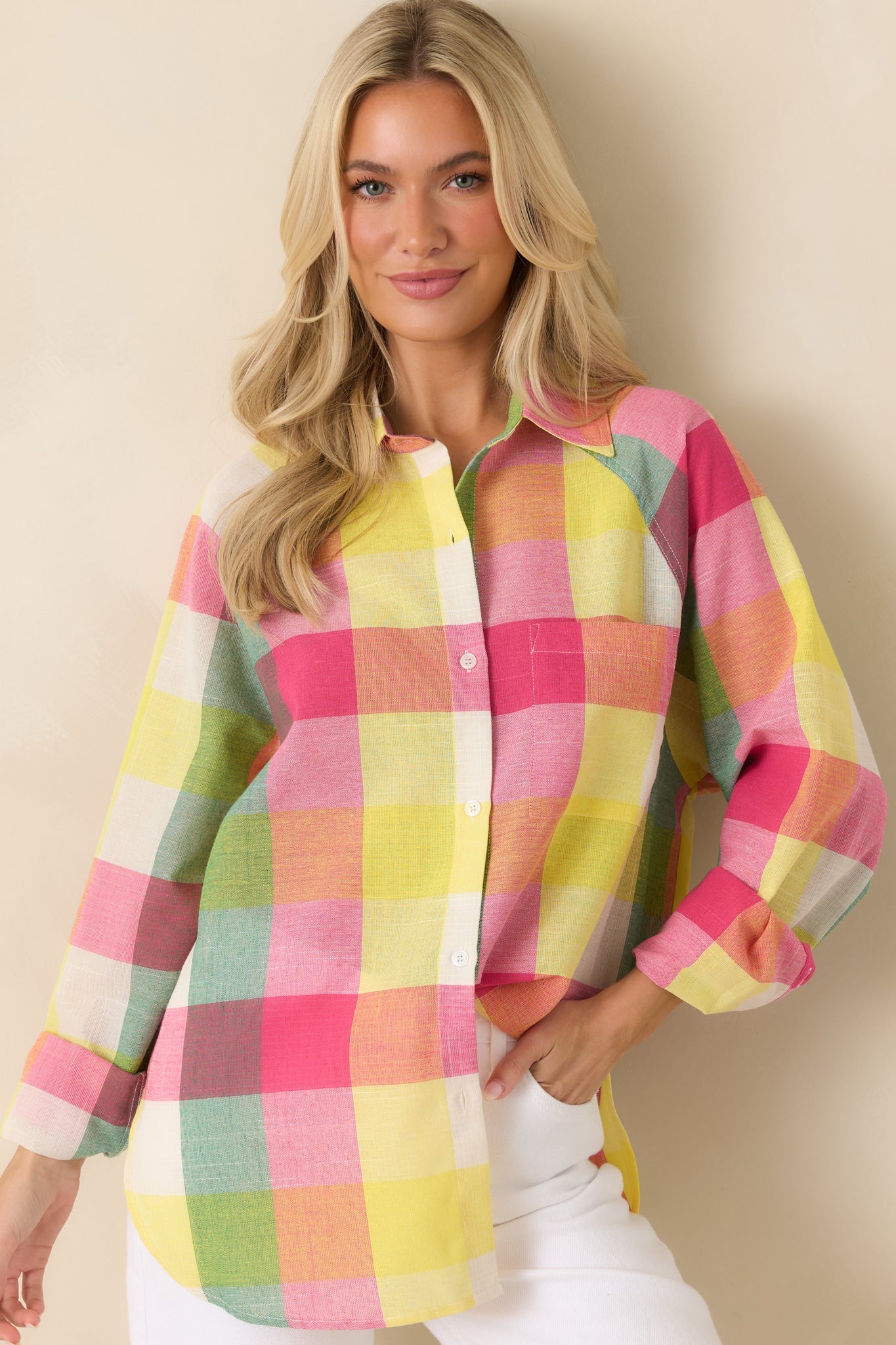 Prosperina Paula Pink Multi Plaid Cotton Button Up Shirt