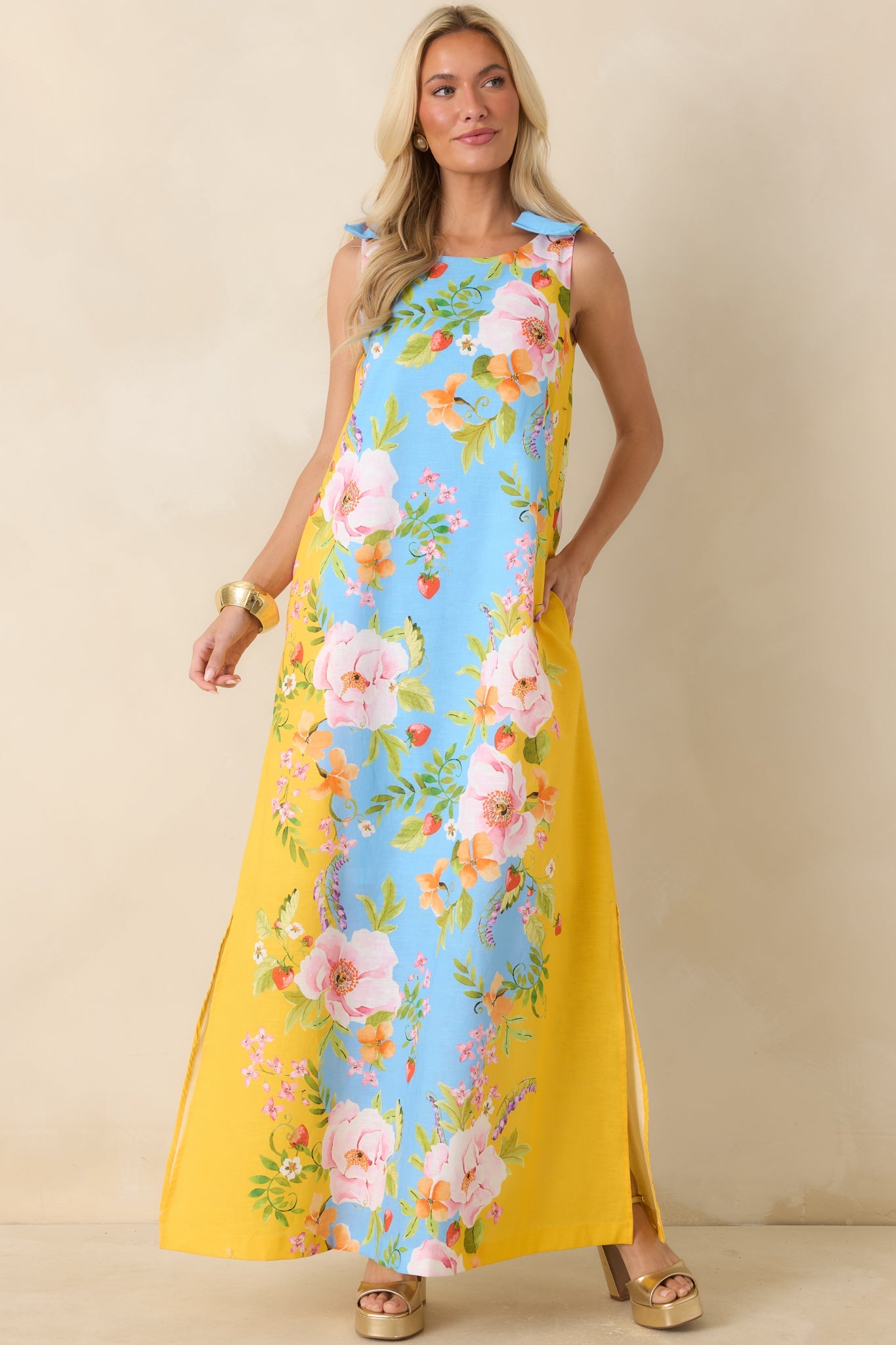 Prosperina Lucie Blue & Yellow Floral Linen Blend Maxi Dress