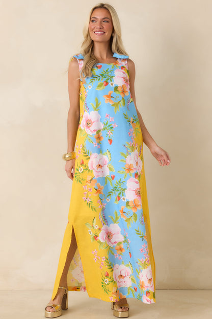 Prosperina Lucie Blue & Yellow Floral Linen Blend Maxi Dress