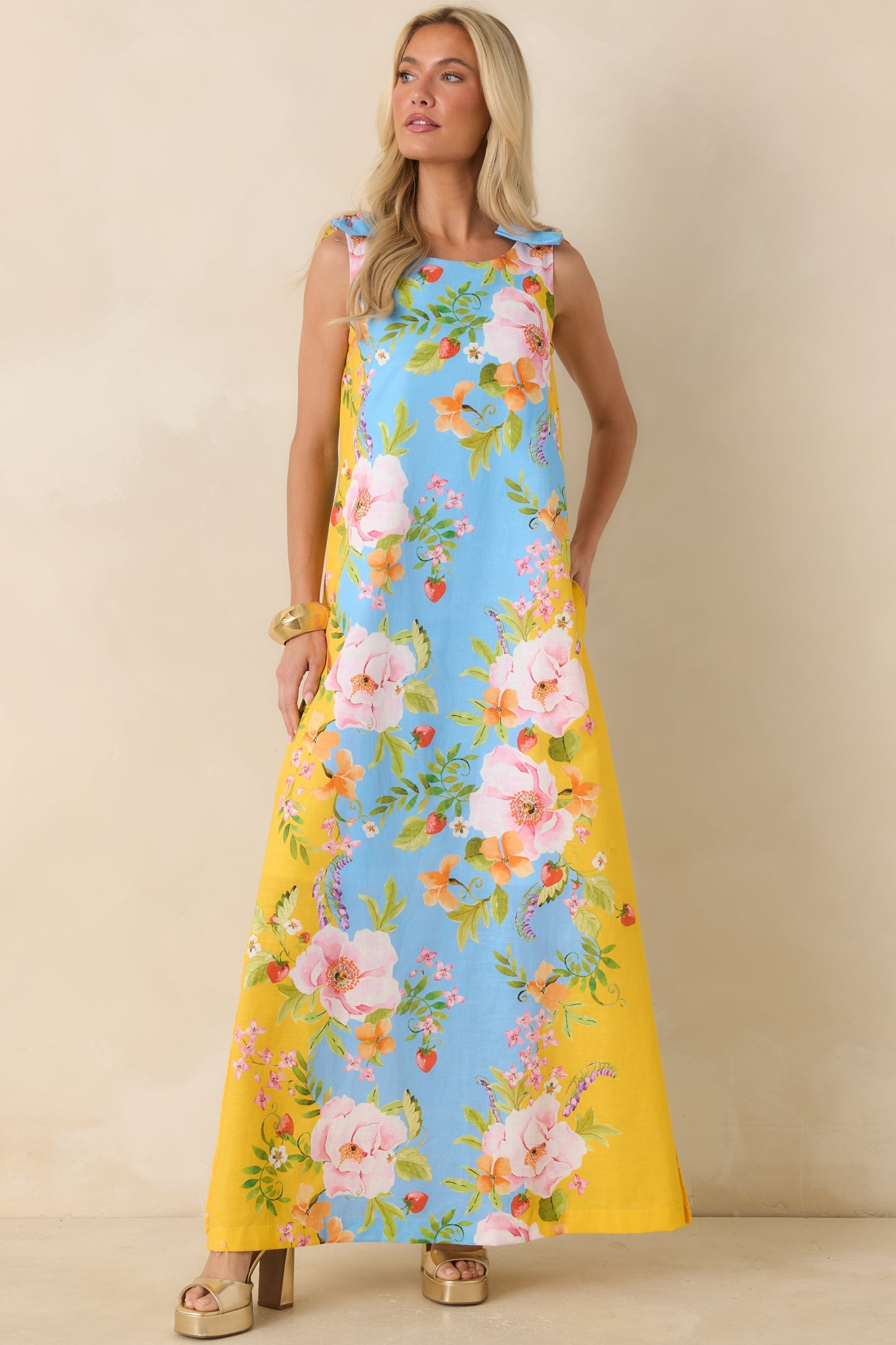 Prosperina Lucie Blue & Yellow Floral Linen Blend Maxi Dress