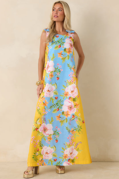 Prosperina Lucie Blue & Yellow Floral Linen Blend Maxi Dress