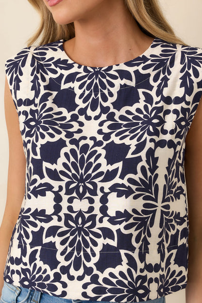 Dinner On The Terrace Navy Sicilian Tile Print Sleeveless Top
