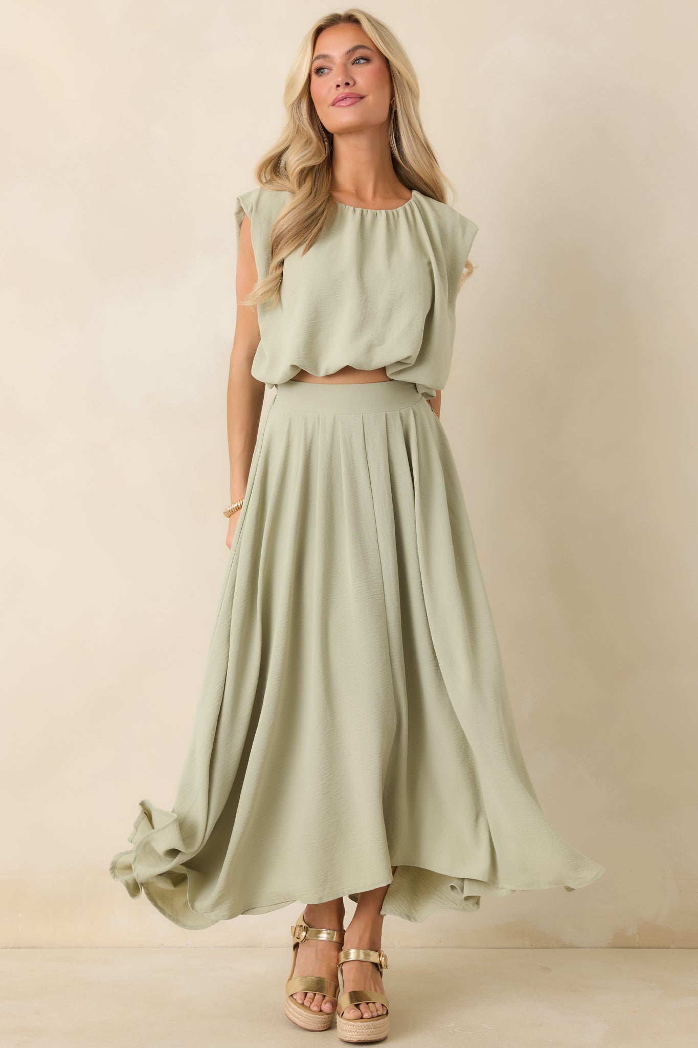 Ebb and Flow Sage Green Blouson Crop Top