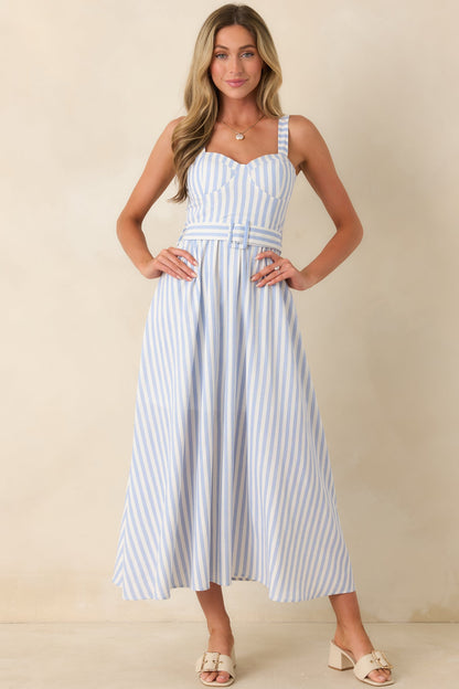 Already Thinking About It Blue Stripe Belted Bustier Midi Dress