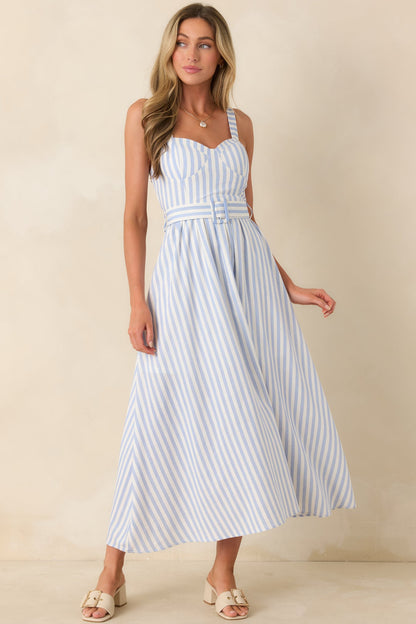 Already Thinking About It Blue Stripe Belted Bustier Midi Dress