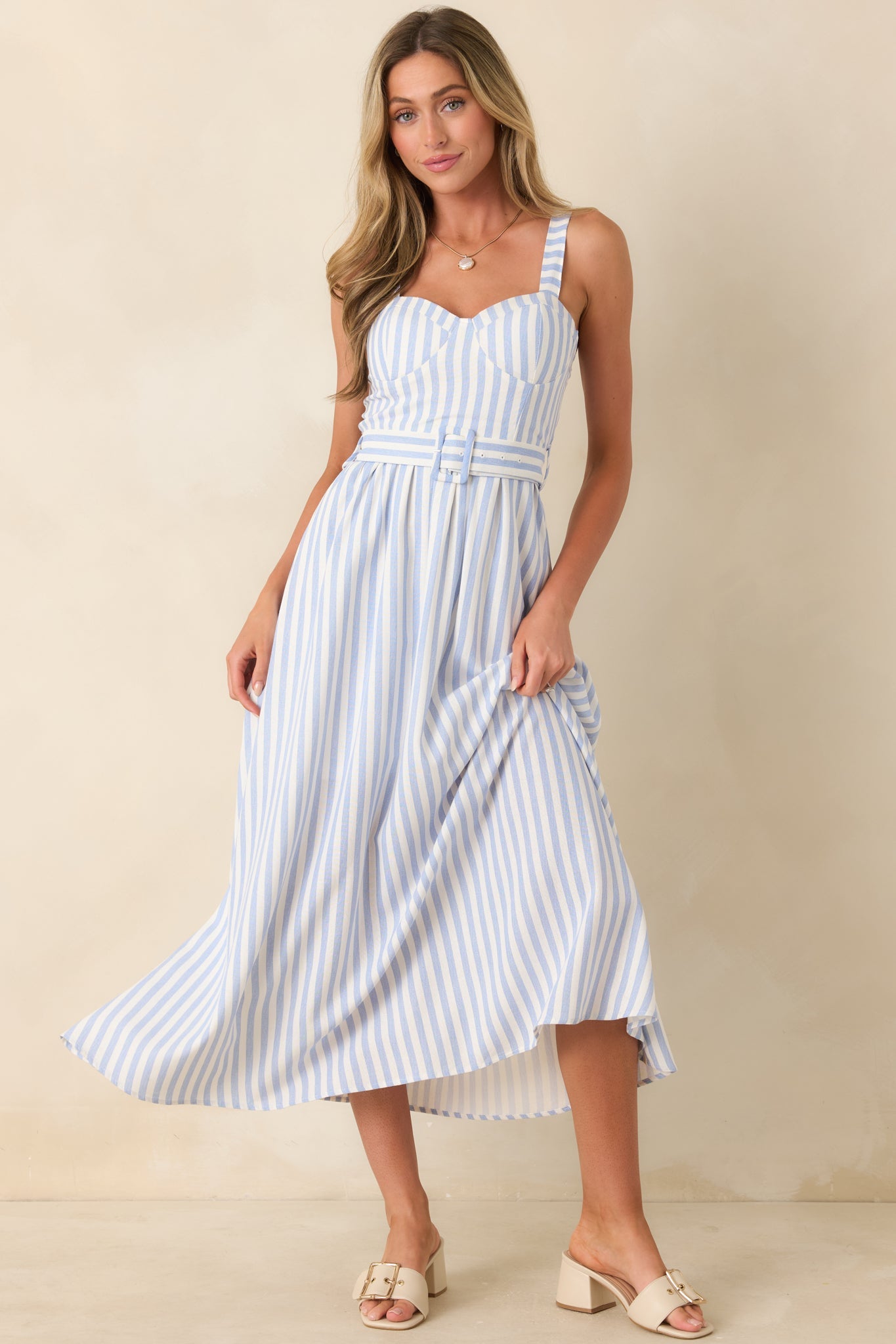 Already Thinking About It Blue Stripe Belted Bustier Midi Dress