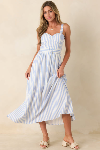 Already Thinking About It Blue Stripe Belted Bustier Midi Dress