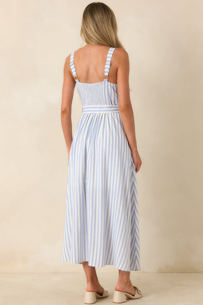 Already Thinking About It Blue Stripe Belted Bustier Midi Dress