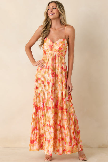 Painted in Sunshine Peach & Red Multi Satin Finish Pleated Maxi Dress