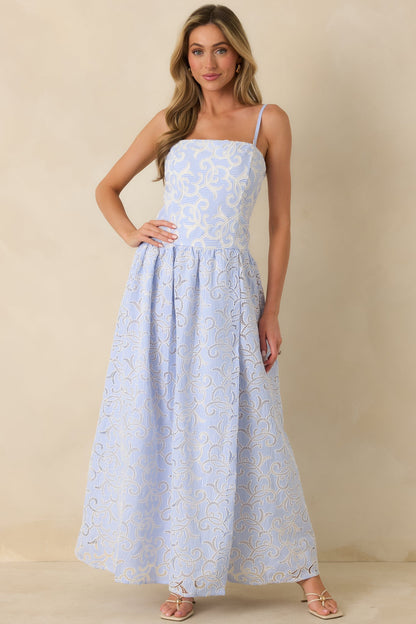 The Space Between Blue Stripe Embroidered Eyelet Maxi Dress