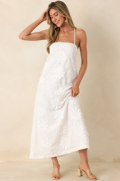 MINKPINK Alessia White Cotton Floral Applique Lace-Back Maxi Dress