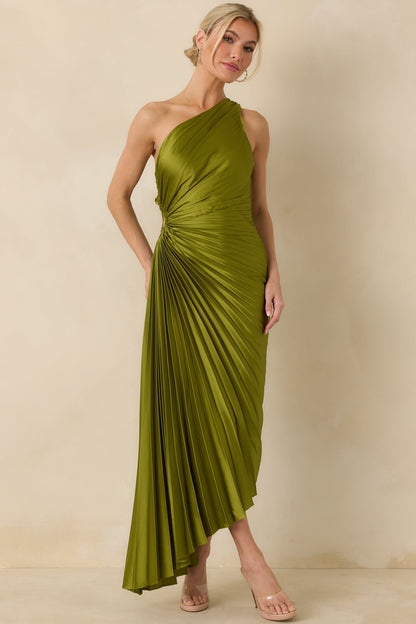Poetic Charm Olive Green Asymmetric One Shoulder Maxi Dress