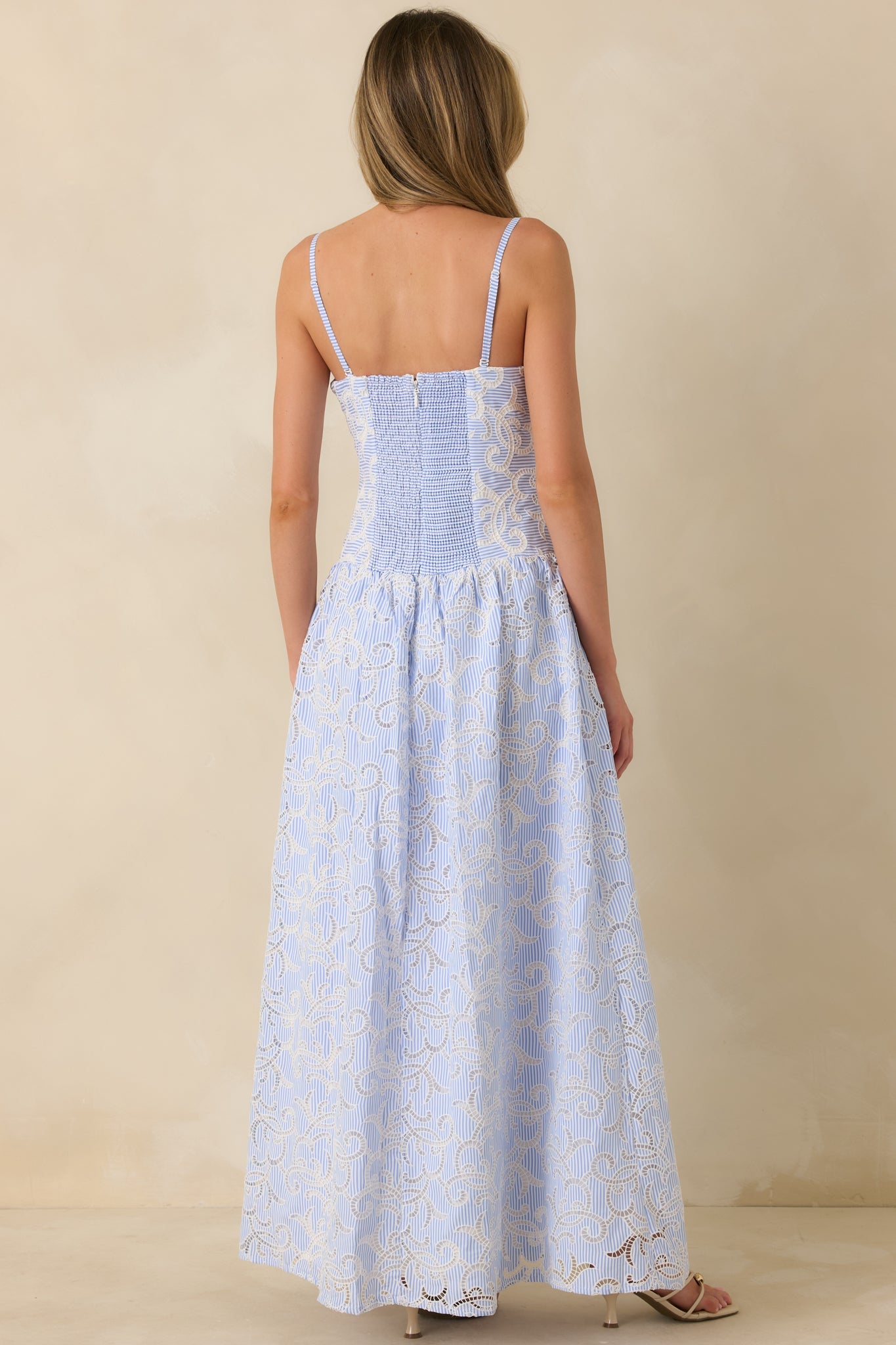 The Space Between Blue Stripe Embroidered Eyelet Maxi Dress