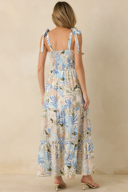 Shoreline Sonata Blue Multi Palm Print Tie Strap Tiered Maxi Dress