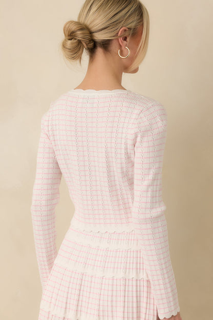Soft Echoes White Stripe Pointelle Knit Button Up Cardigan