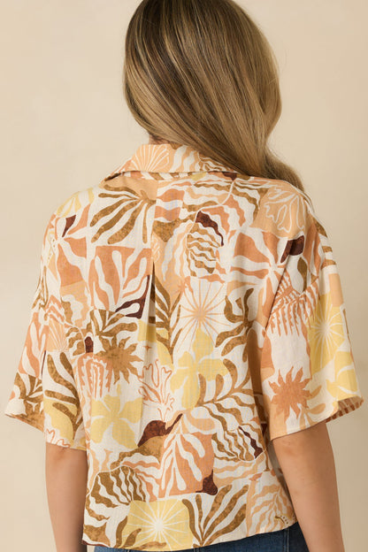 Say You Will Tan Multi Tropical Print Button Up Top