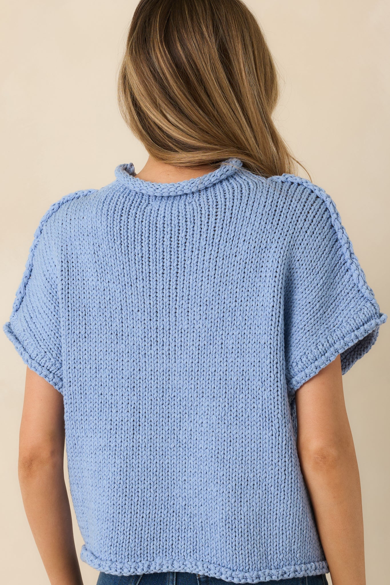 Have a Knack For It Light Blue Chunky Knit Cotton Short Sleeve Sweater