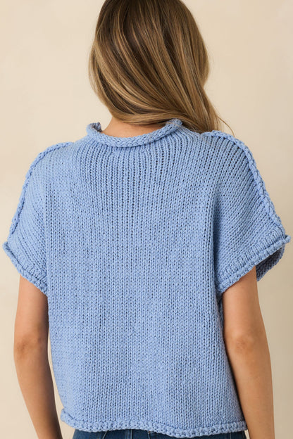 Have a Knack For It Light Blue Chunky Knit Cotton Short Sleeve Sweater