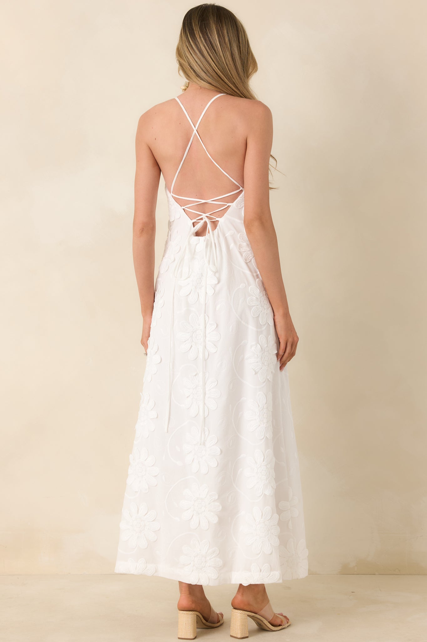 MINKPINK Alessia White Cotton Floral Applique Lace-Back Maxi Dress