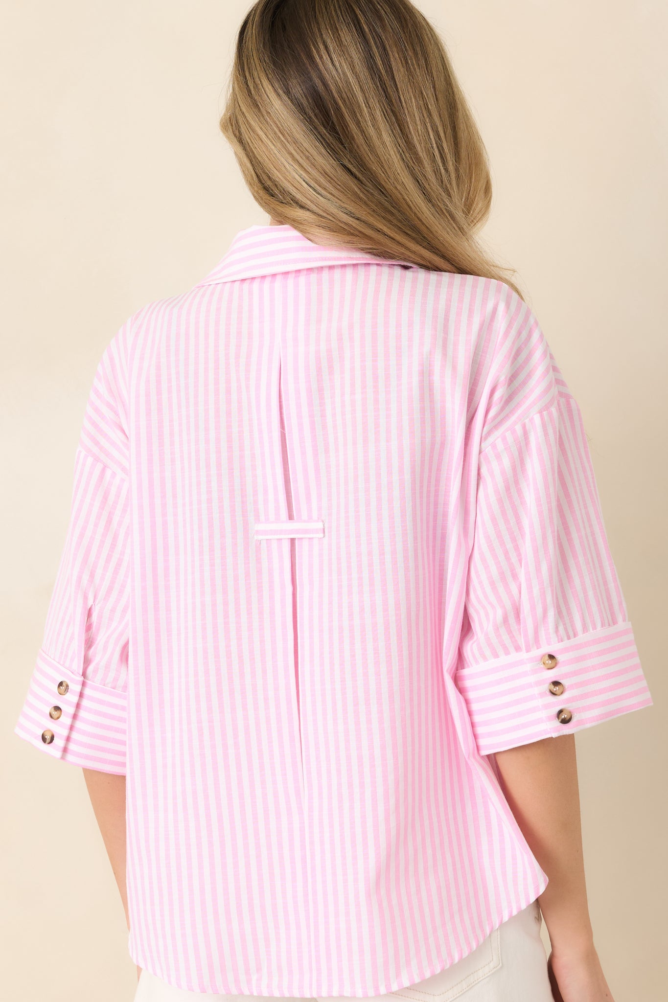 Leading Lines Pink Stripe Collared V-Neck Blouse