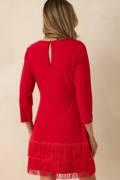 Coming In Hot Red 3/4 Sleeve Fringe Mini Dress