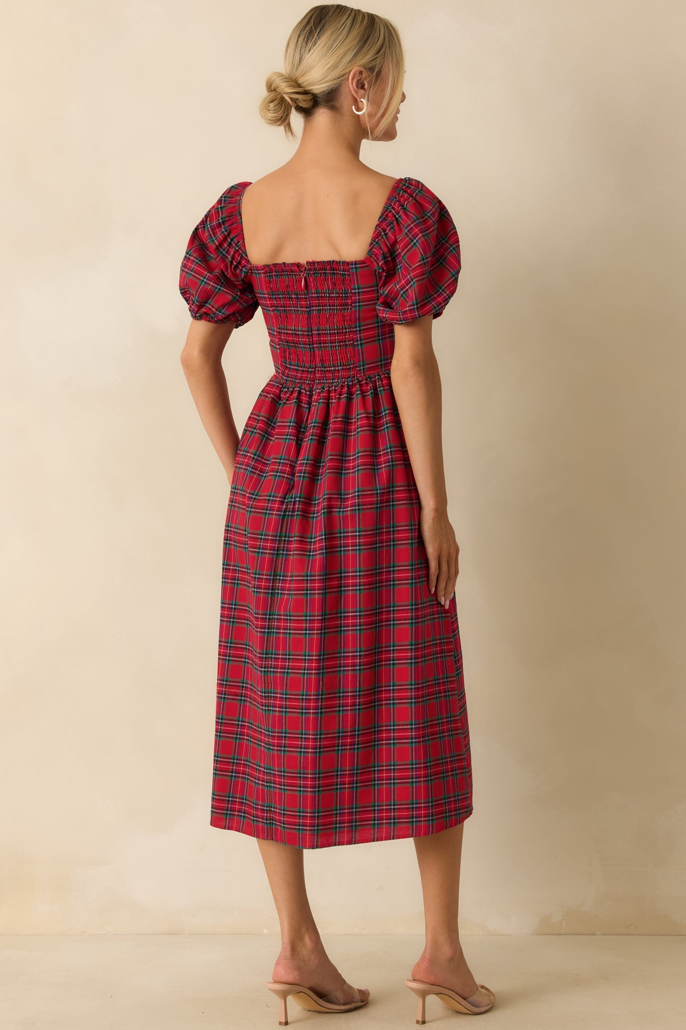 Always You Cotton Red Plaid Puff Sleeve Midi Dress