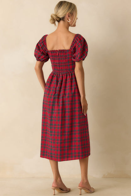 Always You Cotton Red Plaid Puff Sleeve Midi Dress