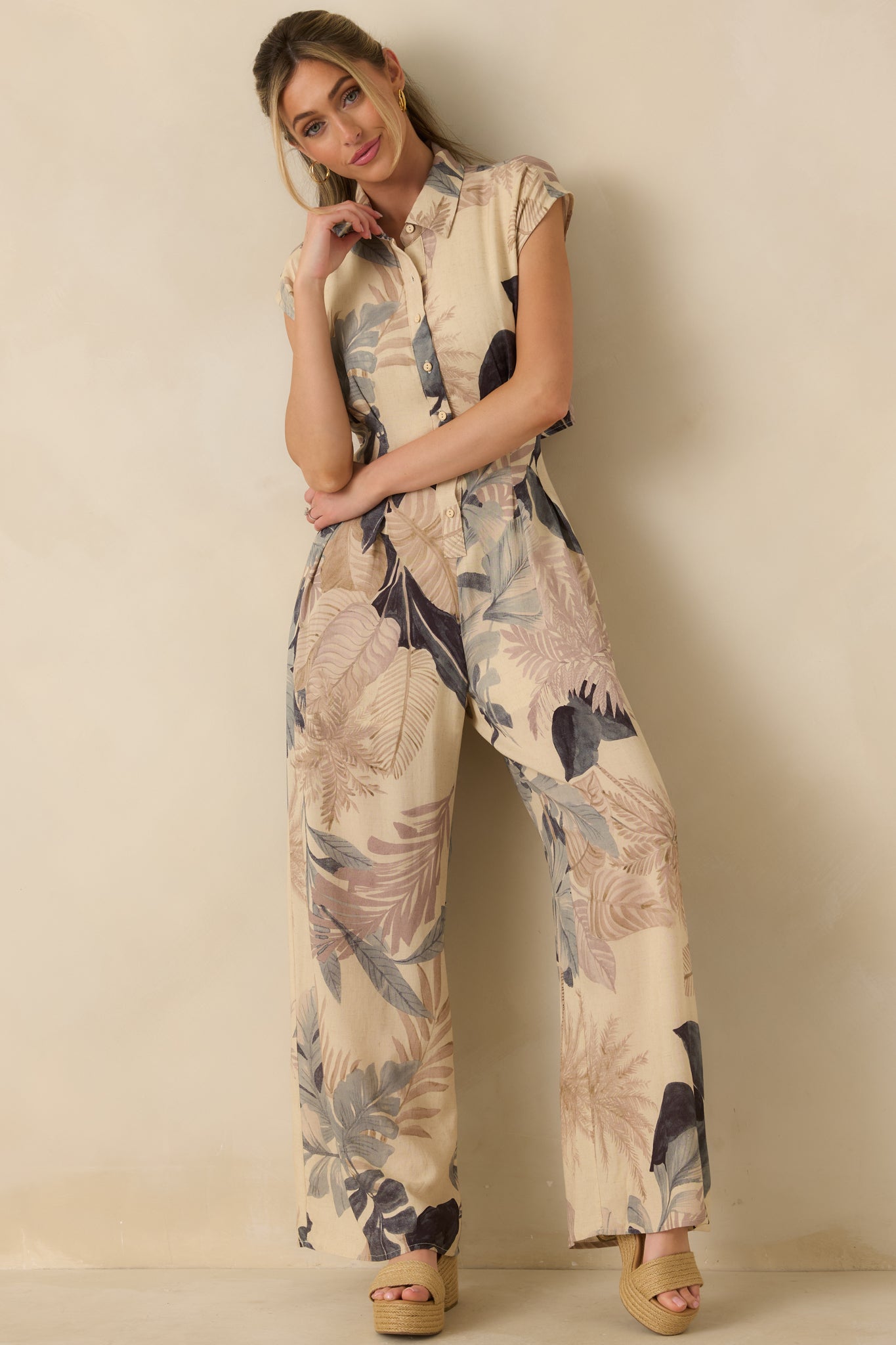 Take Me Somewhere Beige Multi Tropical Open Back Jumpsuit