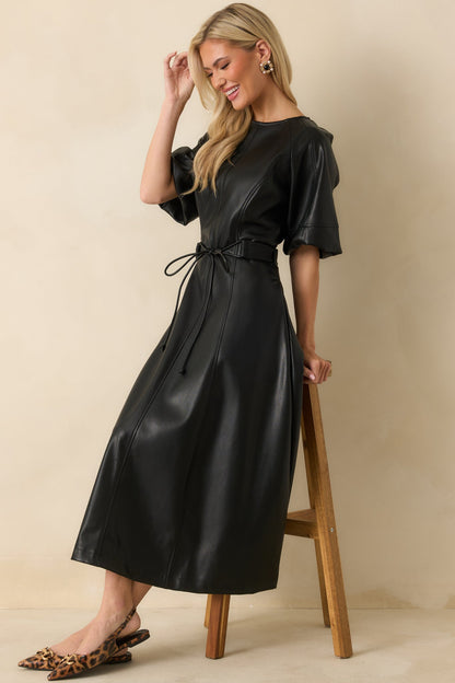 Something to Behold Black Faux Leather Short Sleeve Belted Midi Dress