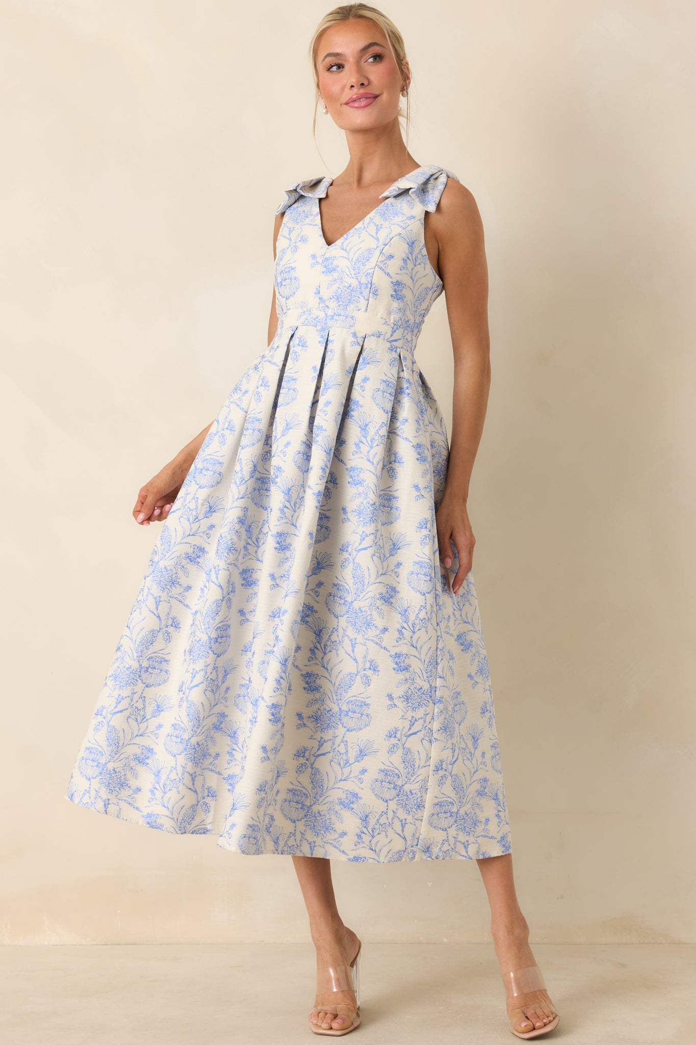 Tie It Up Pretty Blue Floral Bow Strap Midi Dress