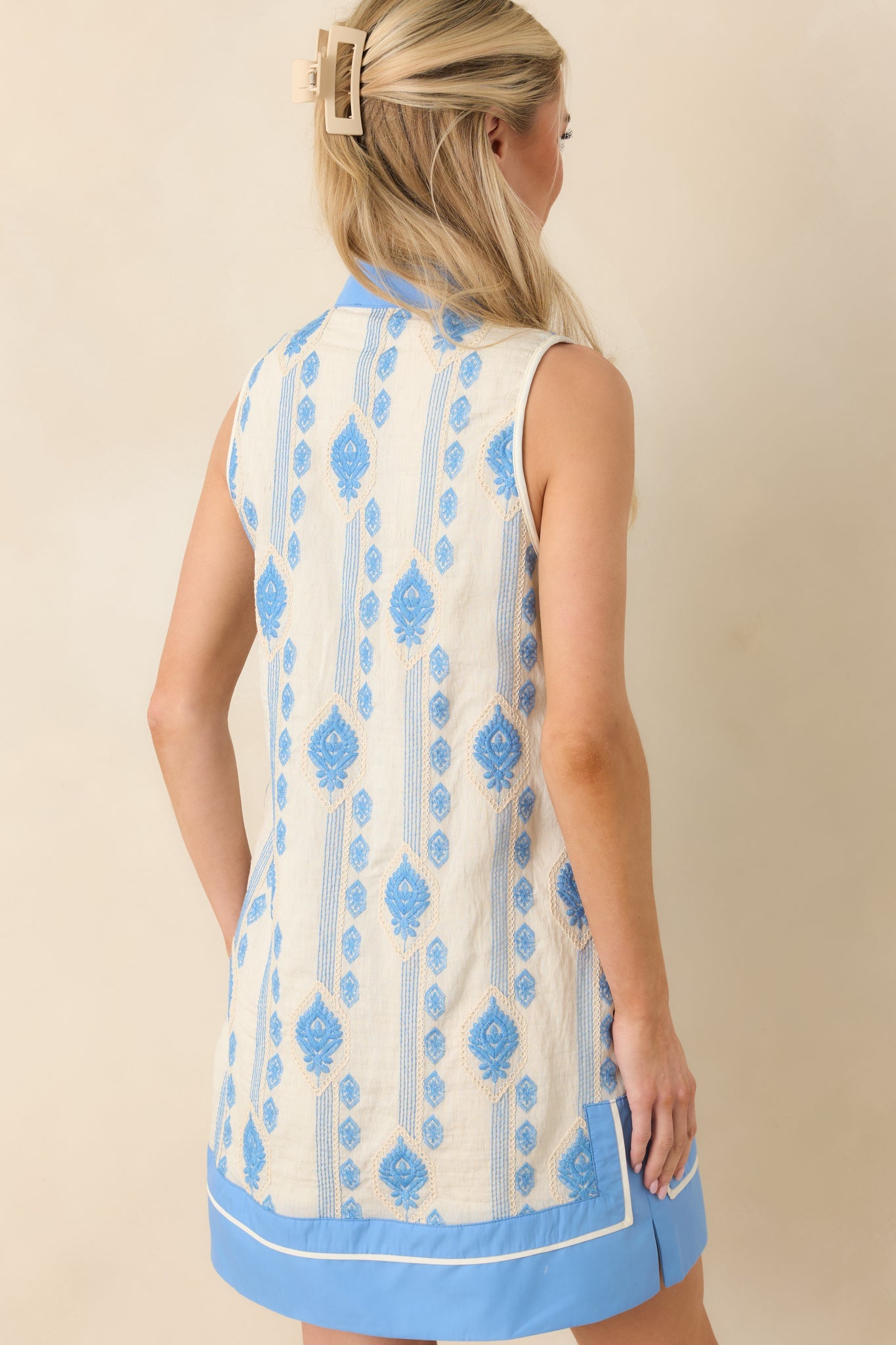 Seaside Dreaming Blue Embroidered Contrast Trim Mini Shift Dress