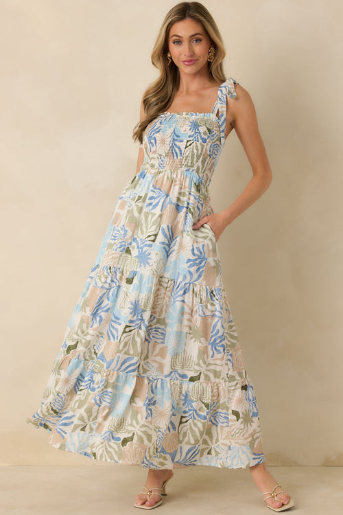 Shoreline Sonata Blue Multi Palm Print Tie Strap Tiered Maxi Dress