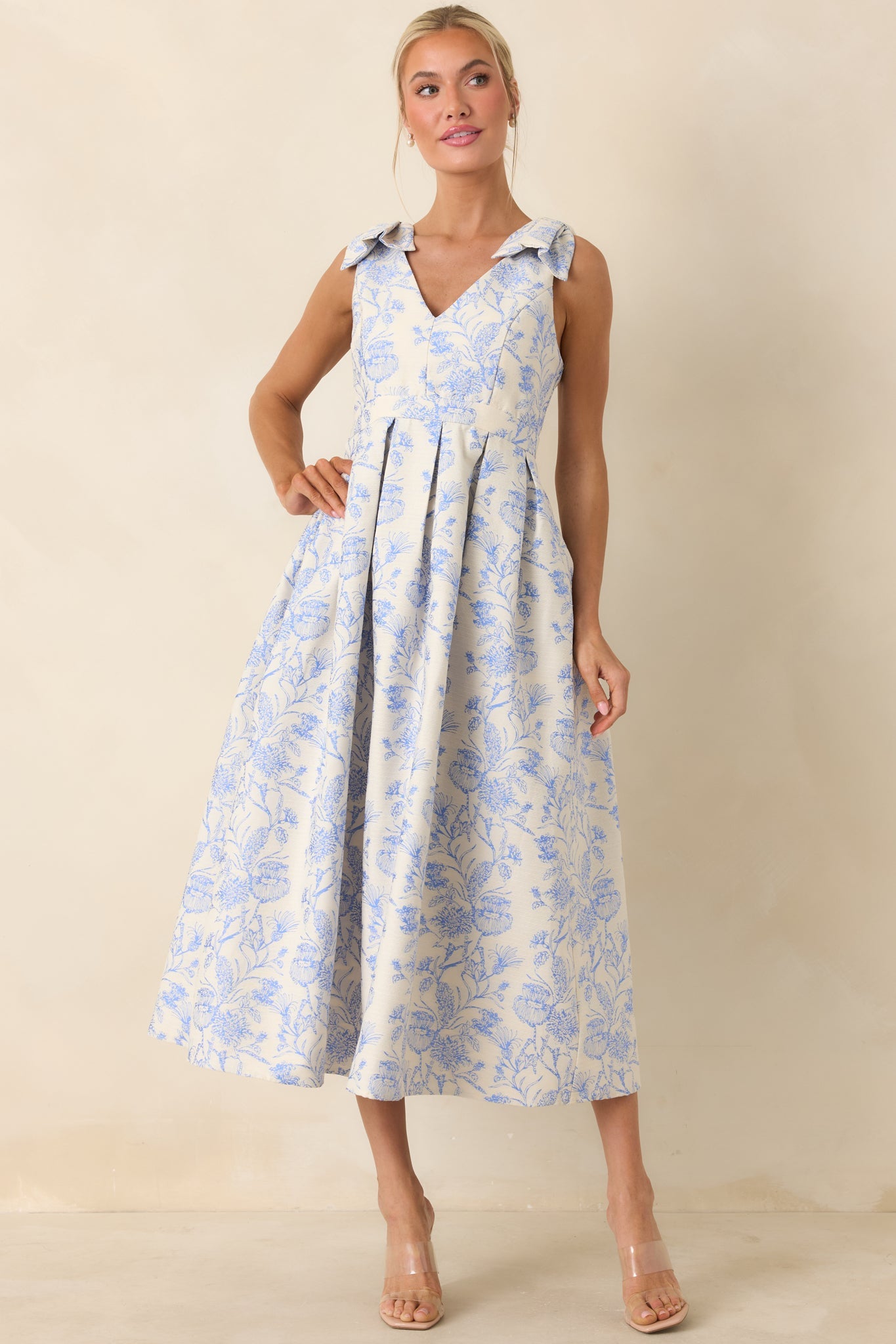 Tie It Up Pretty Blue Floral Bow Strap Midi Dress