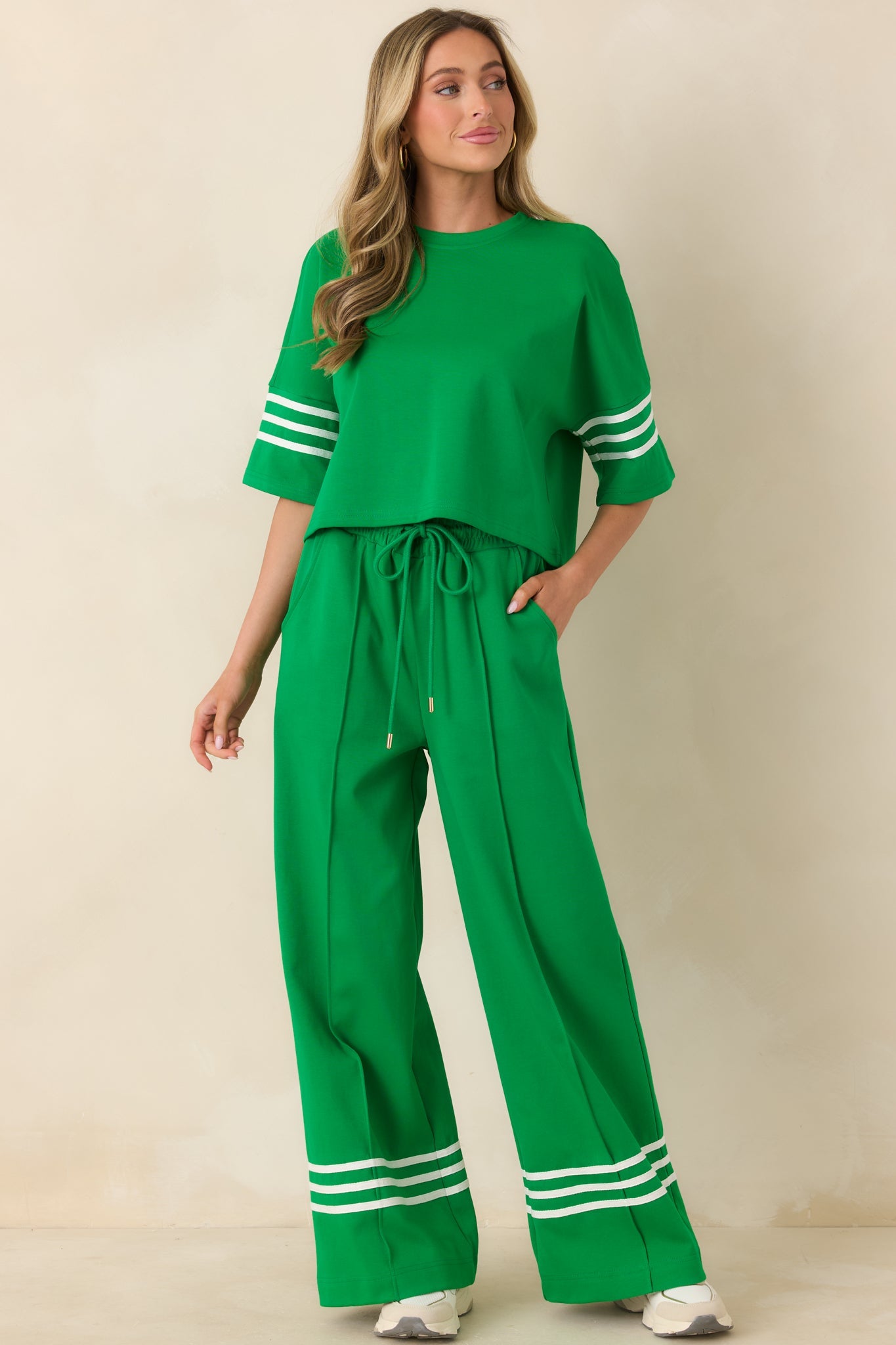 Line & Leisure Green Cotton Blend Contrast Stripe Top