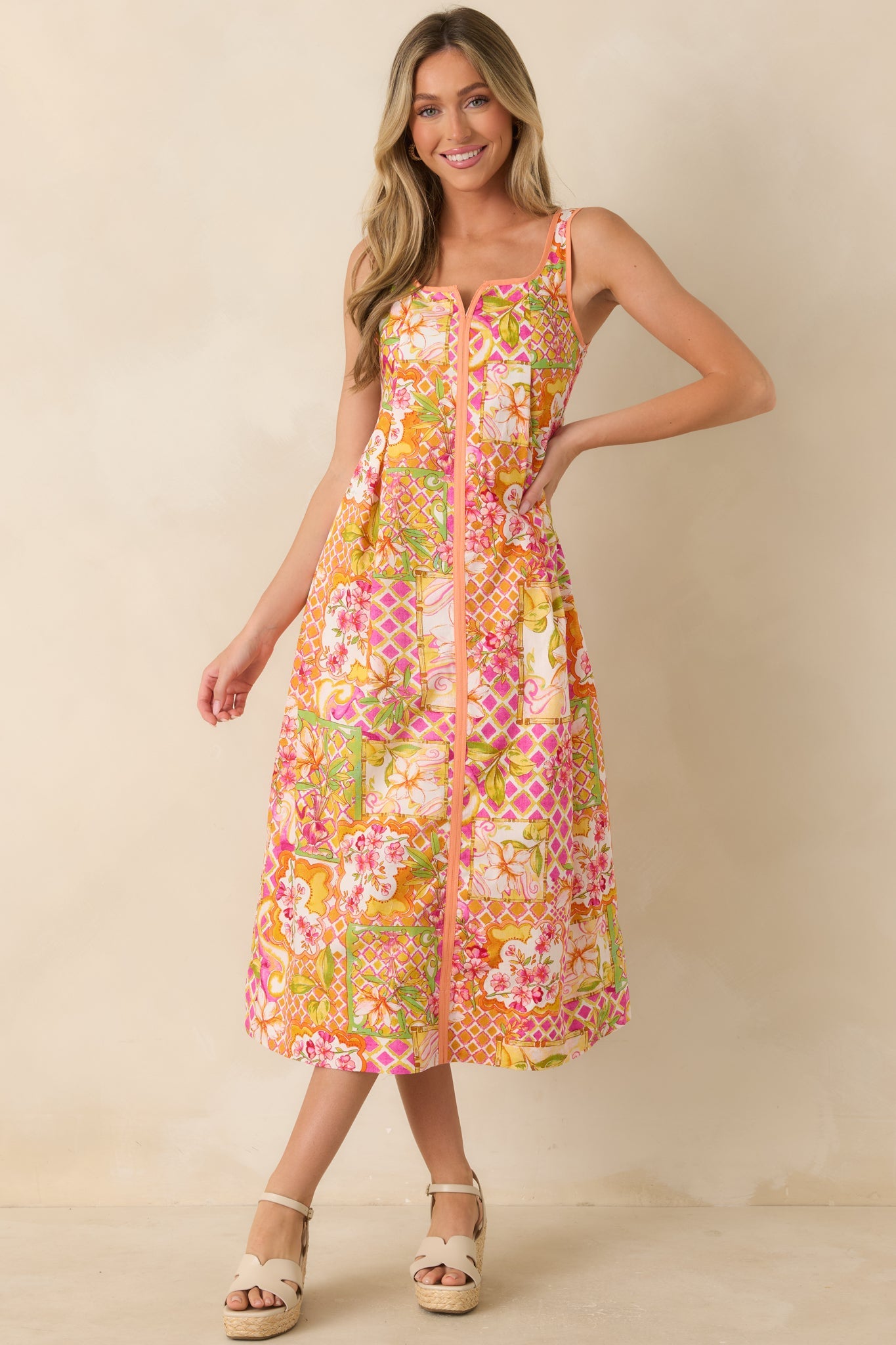 Resort Romance Pink Multi Cotton Floral Print Midi Dress
