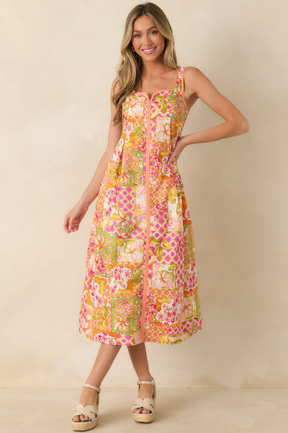 Resort Romance Pink Multi Cotton Floral Print Midi Dress