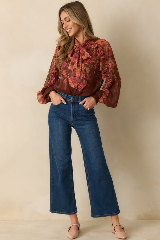 Forever Falling Brown Multi Floral Print Bow Blouse
