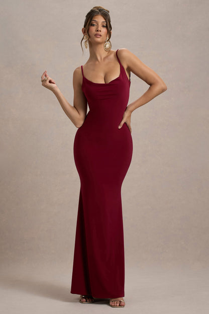 Francoise | Berry Cowl Neck Backless Maxi Dress With Lace Insert