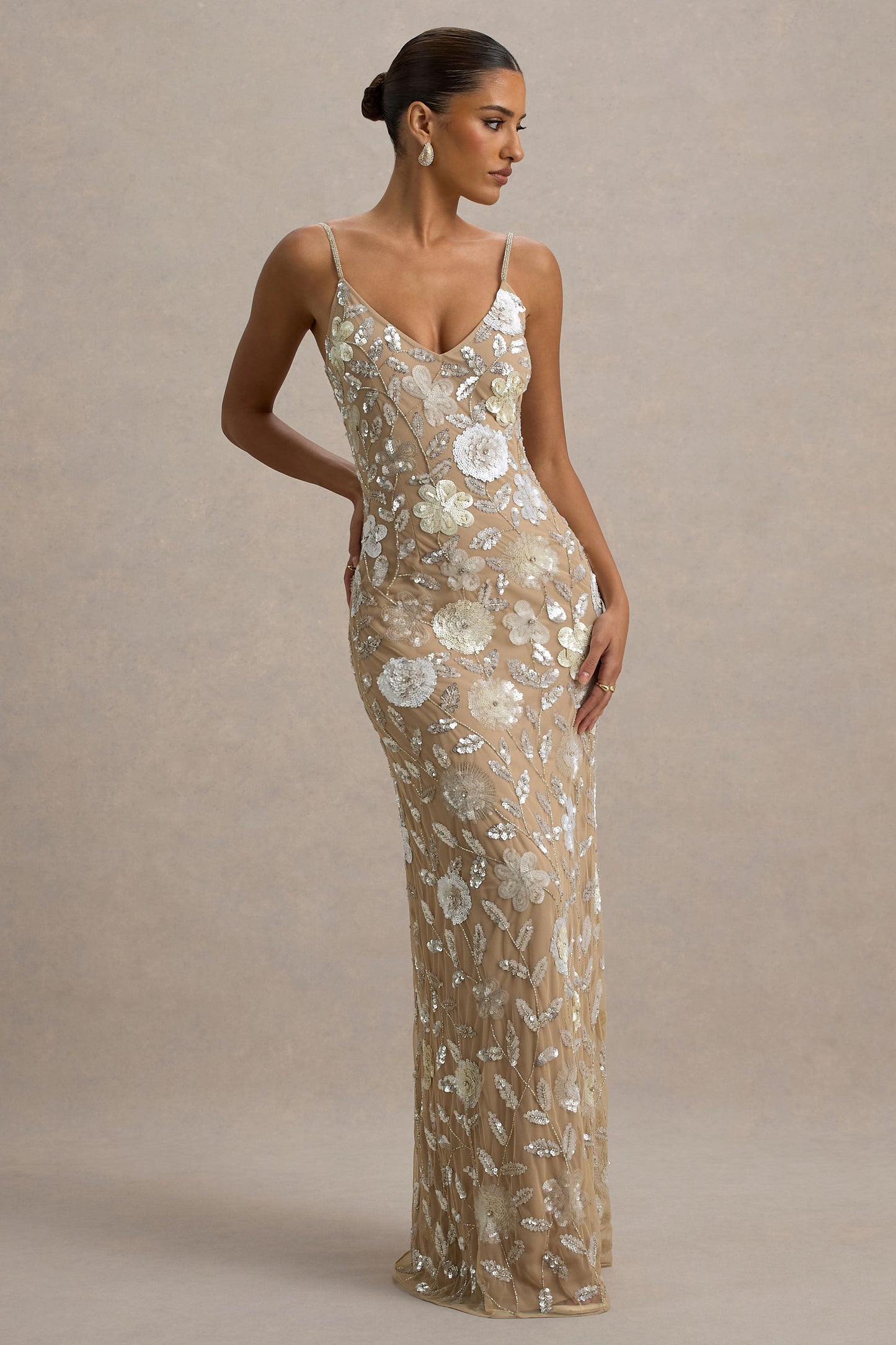 Gemini | Floral Sequin Hand-Embellished Strappy Maxi Dress