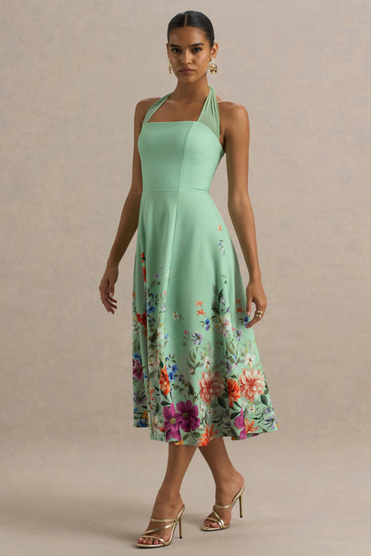 Auburn | Mint Placement Floral Halter-Neck Midi Dress