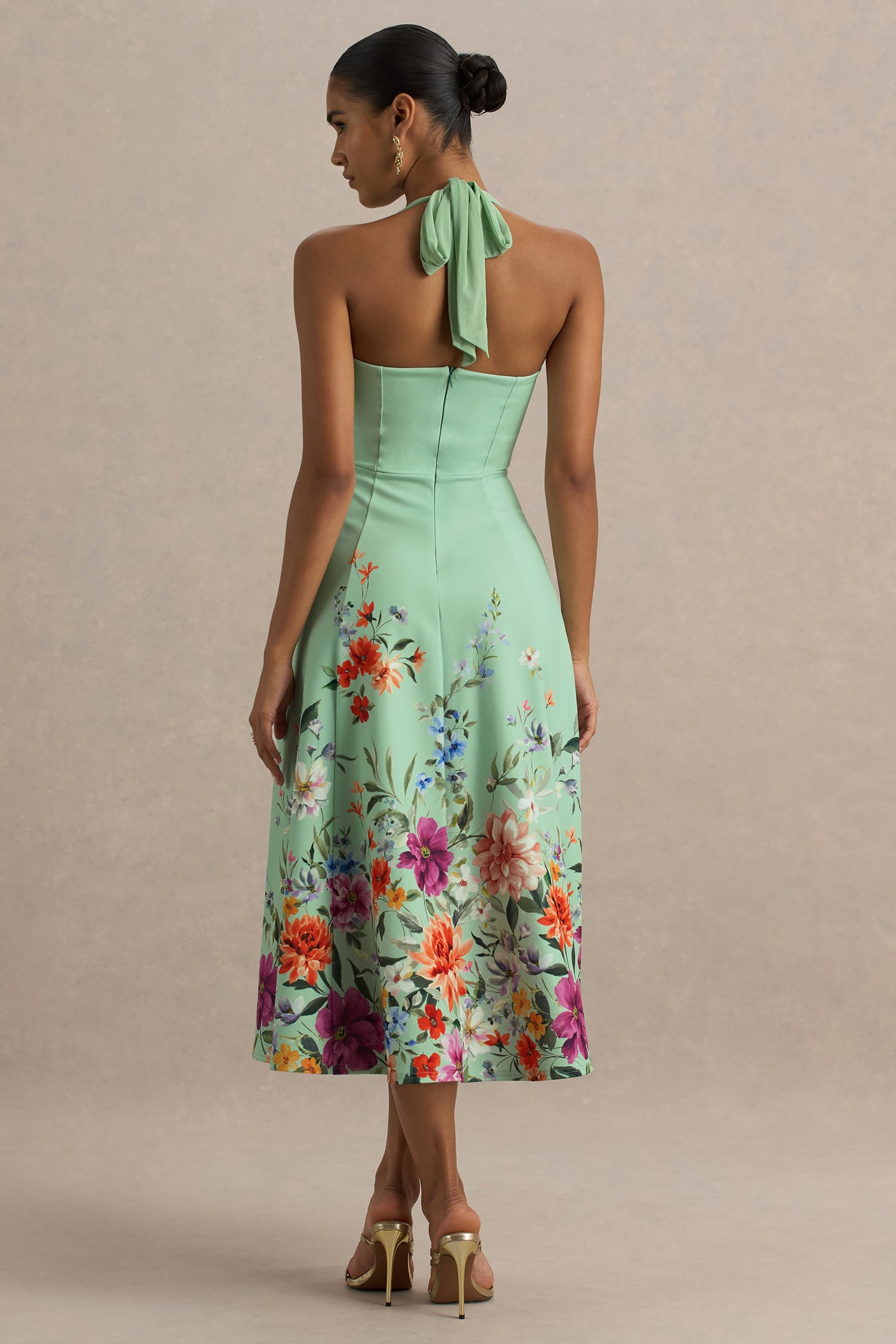 Auburn | Mint Placement Floral Halter-Neck Midi Dress