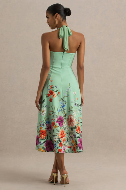 Auburn | Mint Placement Floral Halter-Neck Midi Dress