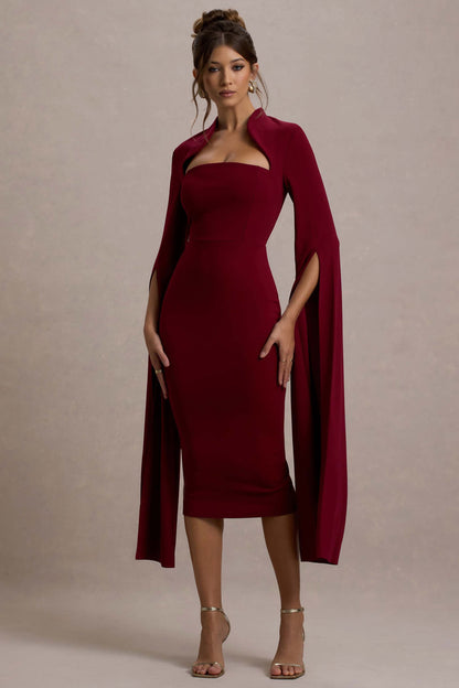 Linden | Burgundy Bodycon Cape-Sleeve Midi Dress