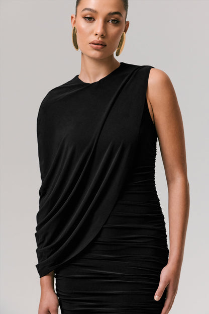 Fortuna | Black Ruched Mini Dress With One-Sleeve