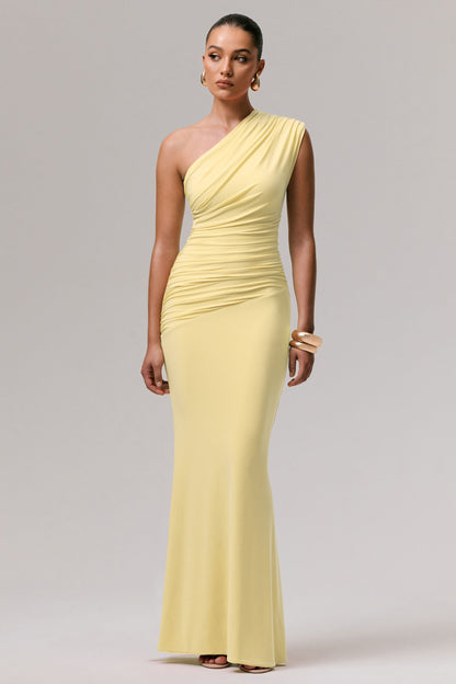 Mardi | Lemon Asymmetric Maxi Dress With Ruching