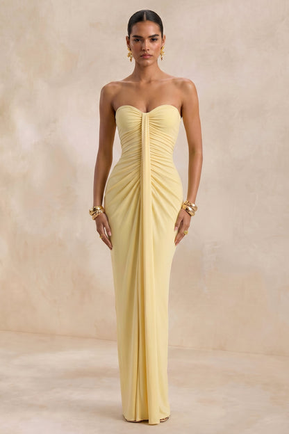 Ali | Lemon Sweetheart Ruched Wrap Maxi Dress