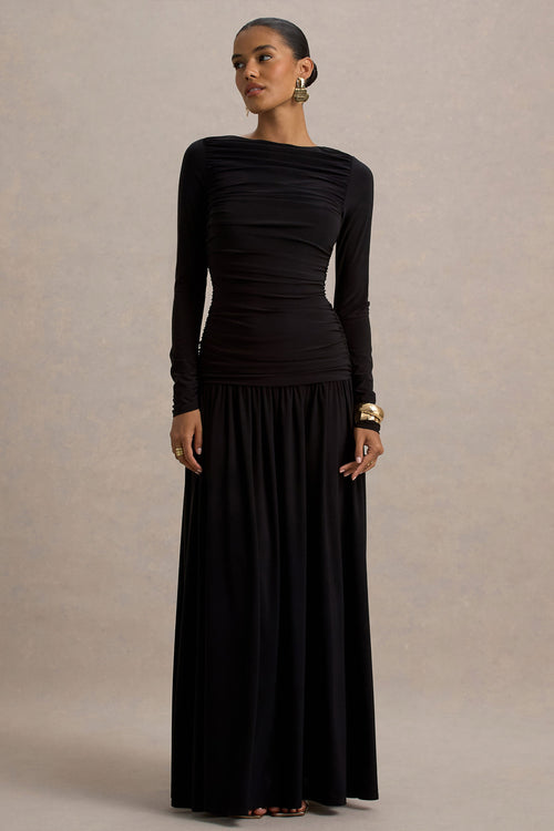 Aniyah | Black High-Neck Maxi Dress With Ruched Detailing