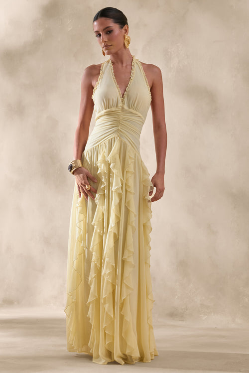 Bea | Lemon Plunge-Neck Ruffled Maxi Dress